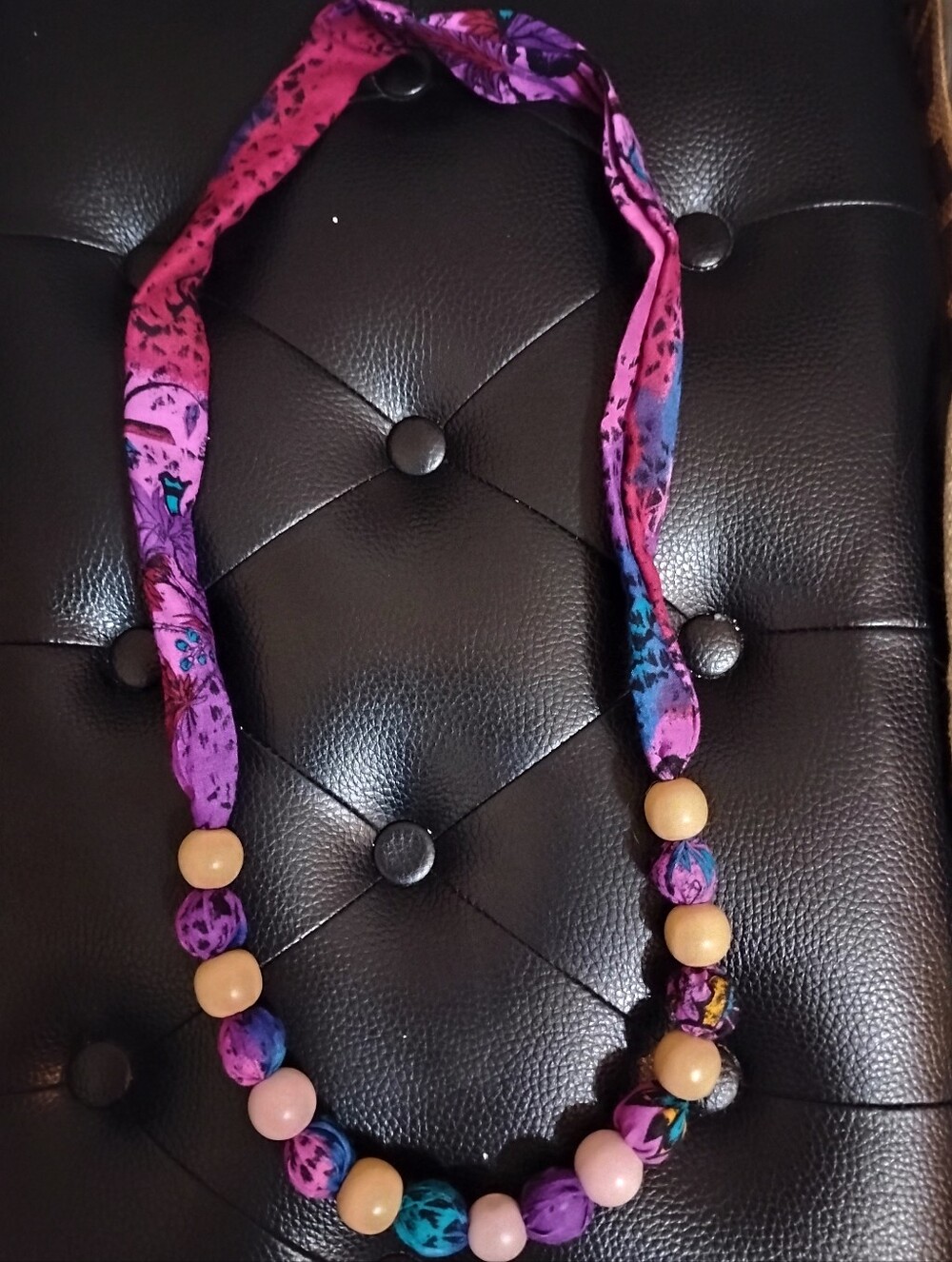 Purple Multicolor Fabric Wooden Painted Bead Necklace – Women Accessories